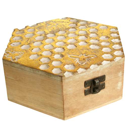 Hexagonal jewellery/trinket box bee & honeycomb design eco mango wood