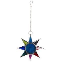 Lantern Tea Light Holder Hanging Star Recycled Glass, Blue Centre 27cm