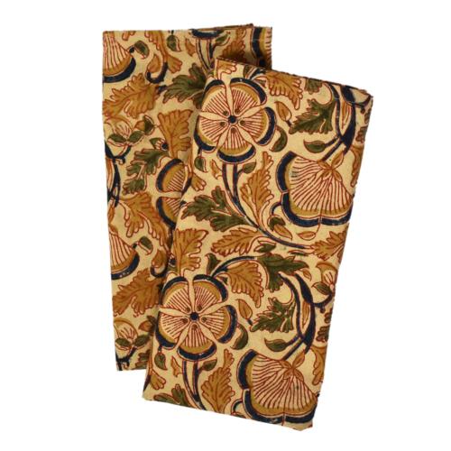 2 handmade floral block print cotton napkins natural vegetable dyes 34x50cm