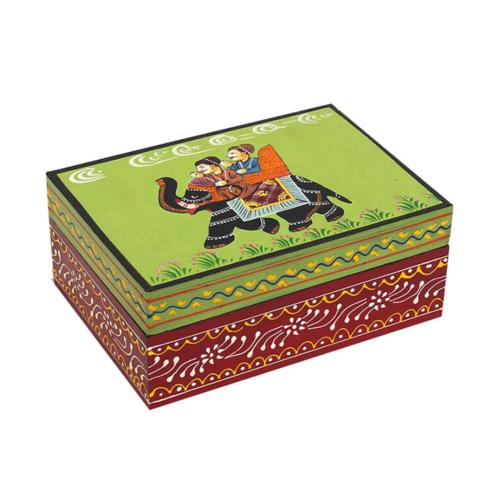 Jewellery / Trinket Box Painted Wood, Elephant on Green 15 x 9.5 x 8cm