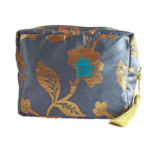 Grey washbag with recycled brocade fabric 22 x 29 cm