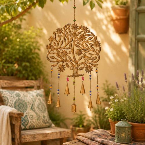 Hanging Windchime Tree of Life and Birds Recycled Metal 75cm