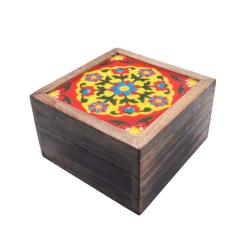 Secret Lock Box Mango Wood with Tile - Floral on Red