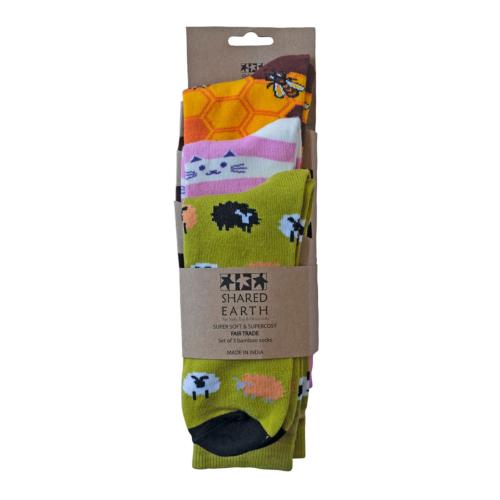 3 Pairs Bamboo Socks Bees Cats Sheep UK 3-7 Womens Fair Trade Eco
