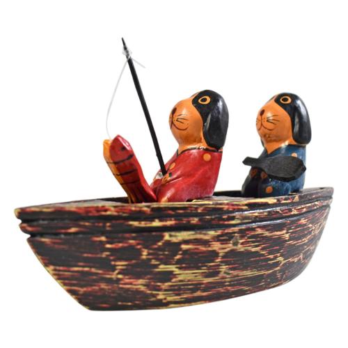 2 Dogs in a boat hand carved Albesia wood,18 x 10 x 5cm