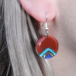 Earrings, glass round red, blue, and white 2cm diameter