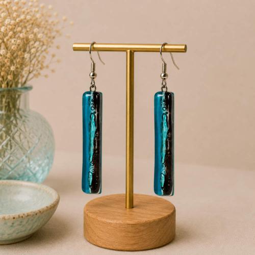 Earrings glass ‘Andes’ long rectangular dangle, blue and black 3.5 x 0.5cms
