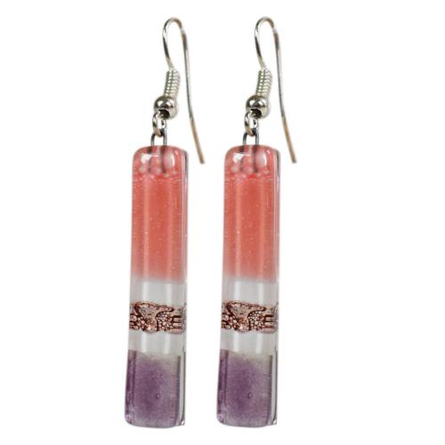 Earrings glass ‘Andes’ long rectangular dangle, pink lilac and white 3.5 x 0.5cms