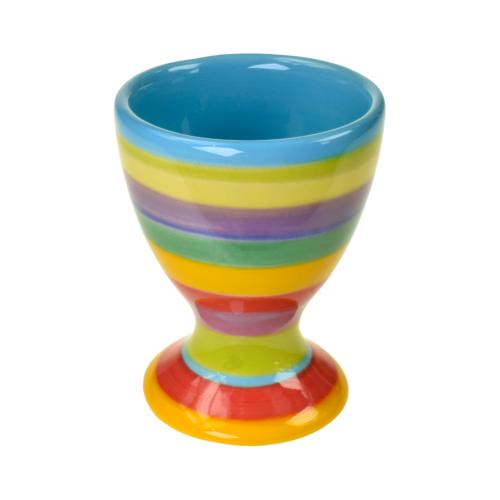 Egg cup rainbow horizontal stripes blue inner ceramic hand painted