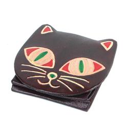 Leather coin purse cat brown