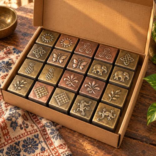 Brass embossed boxes, box of 20 assorted designs