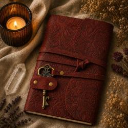 Notebook with Key Leather Floral Embossed Maroon 13 x 18cm