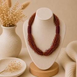 Necklace, Recycled Shrimp Net Tied Up Red Orange Pink