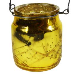 T-lite candle holder with wire hanging recycled glass yellow/gold colour 6x7cm
