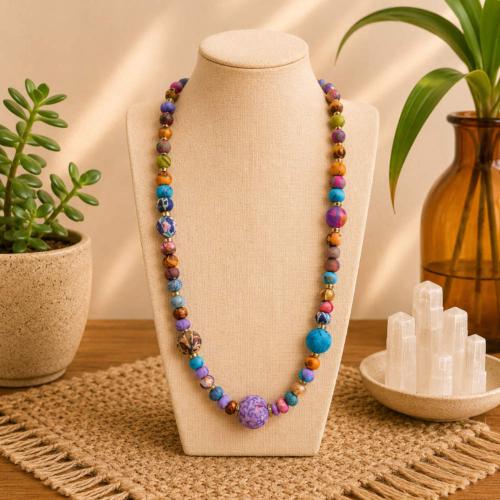 Necklace Recycled Multicoloured Beads on Cotton Strap 26cm