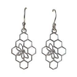 Earrings, silver colour, bee & honeycomb