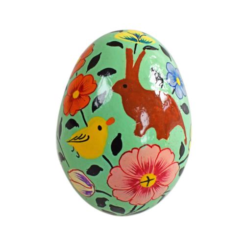 Egg ornament paper maché, bird rabbits flowers design green 7 x 5cm