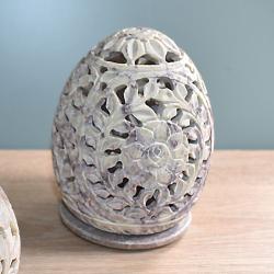 T-lite holder carved soapstone, base with lift-off egg shape top 8 x 10cm