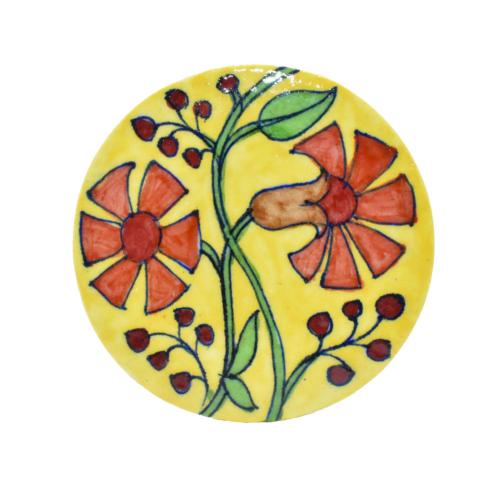 Single Round Ceramic Coaster, yellow with red flowers 9cm diameter