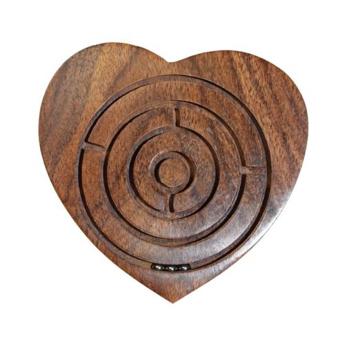 Heart shaped ball in a maze game, hand-carved sheesham wood 10 x 10cm