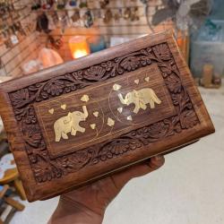 Wooden secret lock box with 2 brass elephants