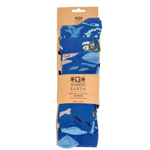 3 Pairs Bamboo Socks Sharks Seals Turtles UK 3-7 Womens Fair Trade Eco