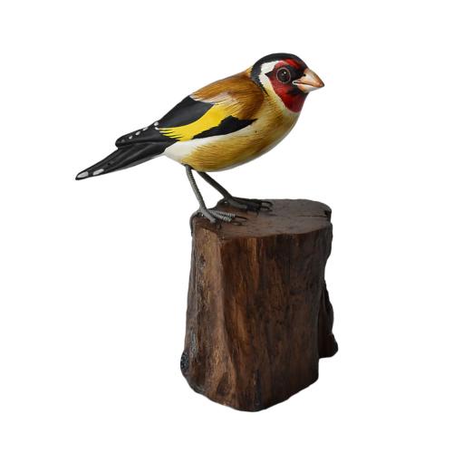 Goldfinch on tree trunk, hand carved wooden indoor/garden ornament 12cm