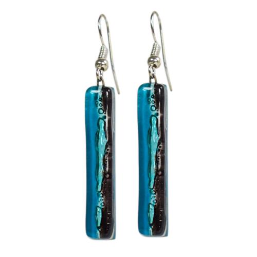 Earrings glass ‘Andes’ long rectangular dangle, blue and black 3.5 x 0.5cms