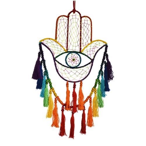Dreamcatcher on wire frame, Hamsa Hand rainbow colours 26 x 56cm