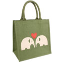 Jute shopping bag, green with elephants