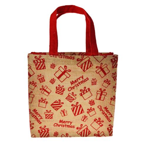 Jute shopper or Christmas gift bag, parcels design, 25x25cm