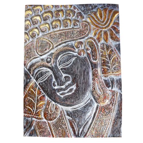 Wall hanging woodcarving Budhha head to side charcoal 30 x 40 x 3xm