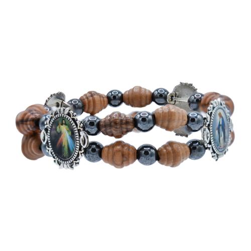 Bracelet olive wood, Miraculous Icon charms and beads