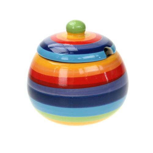 Sugar bowl with lid rainbow horizontal stripes ceramic hand painted 