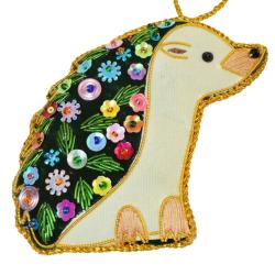 Hanging decoration, embroidered velvet, hedgehog