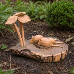 Handcrafted Woodland Sculpture with Three Mice and Toadstools