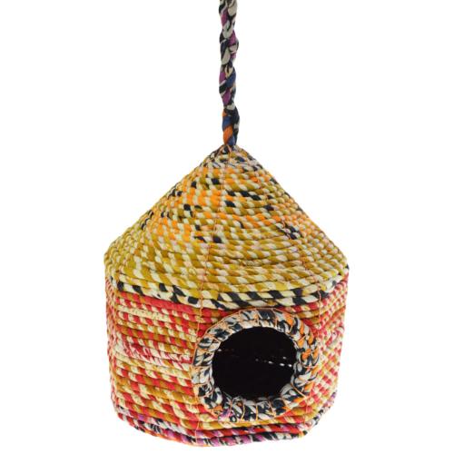 Bird house recycled sari material on frame teepee shape 13x17x13cm