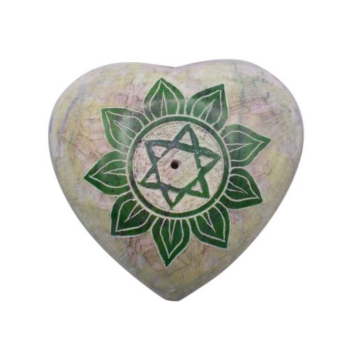 Pebble / incense holder heart carved soapstone, chakra heart 5.5cm