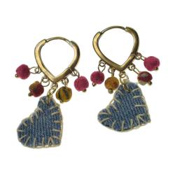 Earrings recycled denim jeans, heart shape & cloth beads