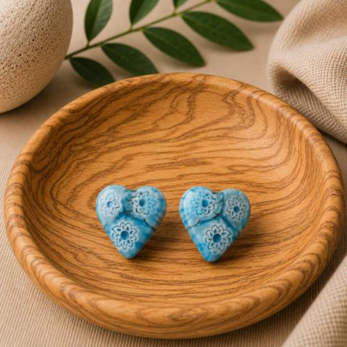 Ear studs, glass heart shaped beads, turquoise 1.3 x 1.3cm