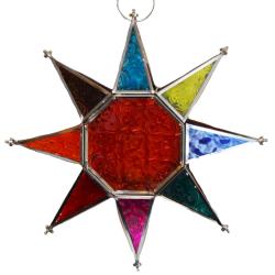 Lantern Tea Light Holder Hanging Star Recycled Glass, Red Centre 27cm