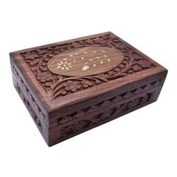 Jewellery/Trinket box, Sheesham Wood Floral Carved + Brass Inlay 17.5x12.5cm
