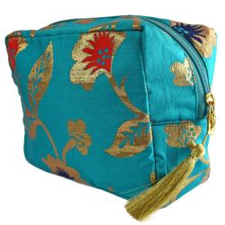 Turquoise washbag with recycled brocade fabric 22 x 29 cm