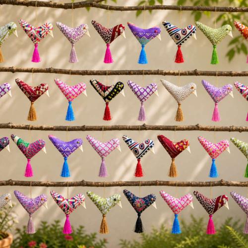 36 Hanging Decorations Recycled Textile, Bird Assorted