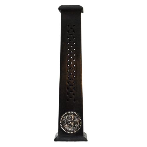 Incense holder, mango wood tower black, with Om symbol