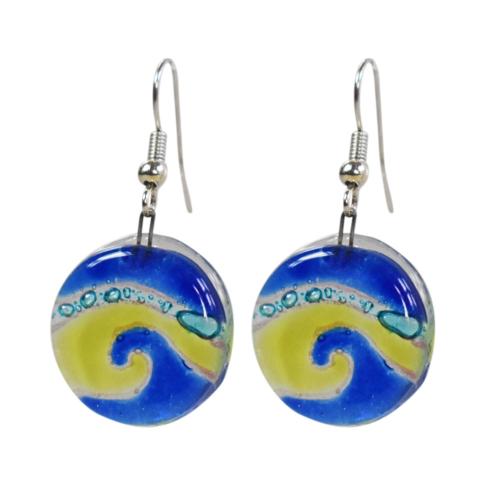 Earrings, glass round blue and yellow wave 2cm diameter