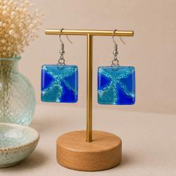 Earrings Recycled Glass Square Blues 2 x 2cm