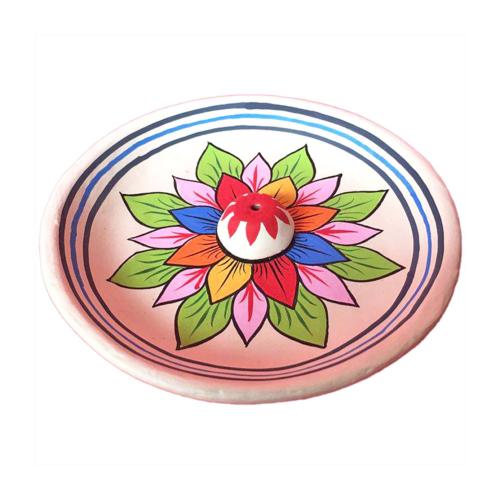 Incense holder/ashcatcher round, painted clay lotus design