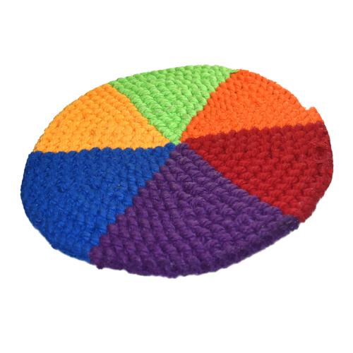 Place mat crocheted cotton, rainbow colours 20cm diameter