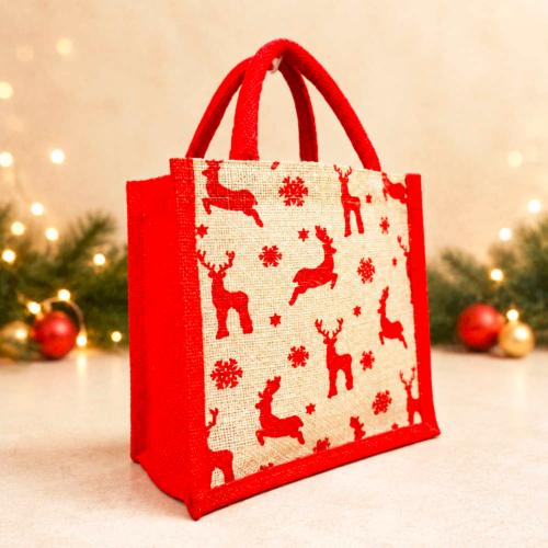 Jute shopper or Christmas gift bag, reindeer design, 30x30cm